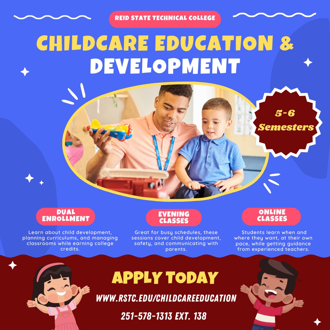 ReidStateCC's tweet photo. 🎉 Exciting News for Aspiring Childcare Professionals! 🎉

 Reid State Technical College is thrilled to announce the opening of applications for our renowned Childcare Education and Development Program!

#ChildcareEducation #LearnLocal #ReidStateTech  🚀 https://t.co/dQDi6ffzEW