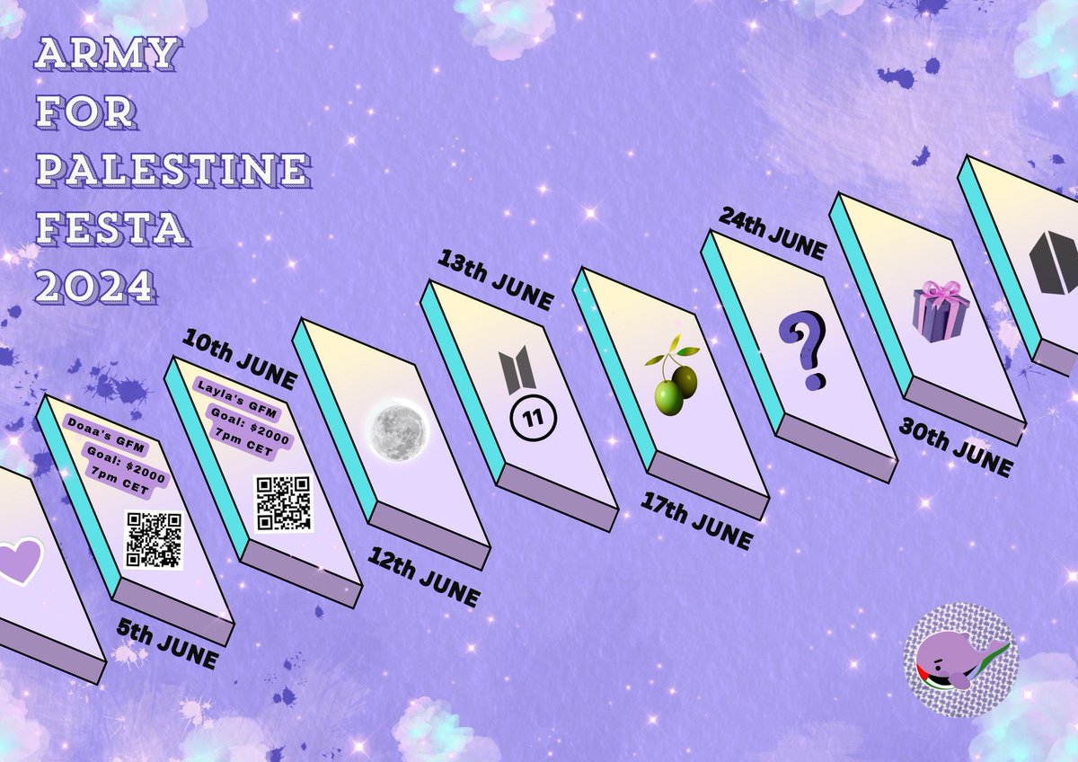 ARMY4Palestine's tweet image. Time for our second FALESTA event, ARMY! This week we are raising funds for Layla, another lovely friend of ours who is trying to evacuate from Gaza with her family. Our minimum goal for this week is $2000 again. Please fill in this google form after donating so our team can…