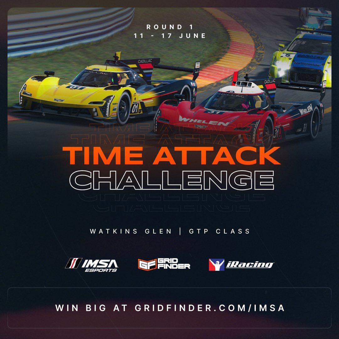 🛞 Time to Grid up for the IMSA x Grid Finder Time Attack Challenge 🛞

Starting on the 11th of June, the official <a href="/IMSA/">IMSA</a> x Grid Finder Time Attack Challenge will be live on <a href="/iRacing/">iRacing</a> with 6 Rounds of Competition mirroring the IMSA Grid Finder Endurance Series within the Sim.

Find