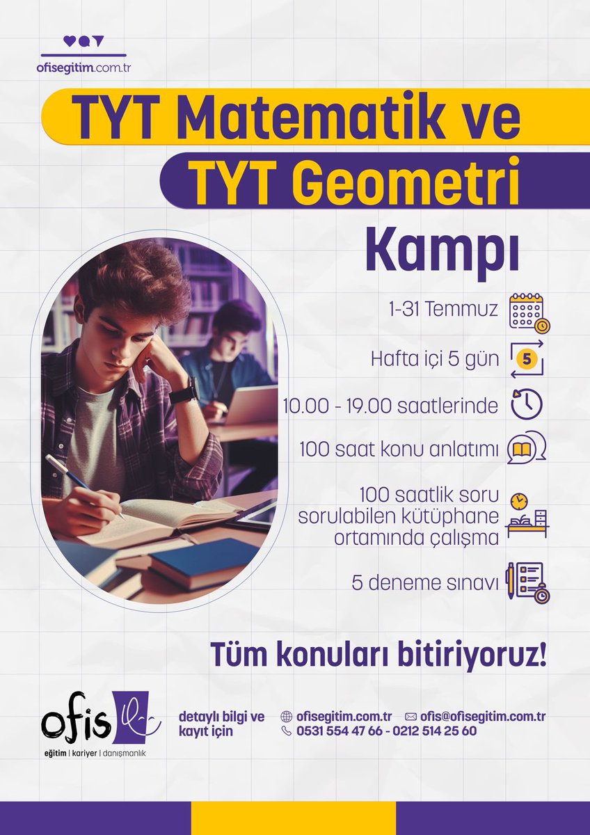 Ofisekd's tweet photo. 1-31 Temmuz tarihlerinde gerçekleşecek olan yaz matematik kampımıza davetlisiniz.

Detaylı bilgi için: 0531 554 47 66 https://t.co/1oGpqWB1TW