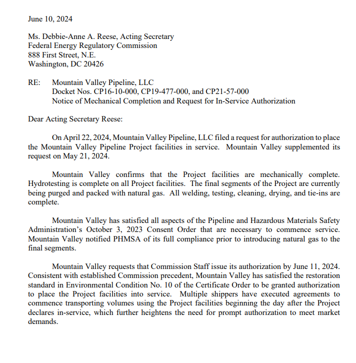 In a letter to <a href="/FERC/">@FERC</a>   Mountain Valley Pipeline says it has completed all construction and testing.  It's asking regulators to authorize operation of the natural gas pipeline by Tuesday.