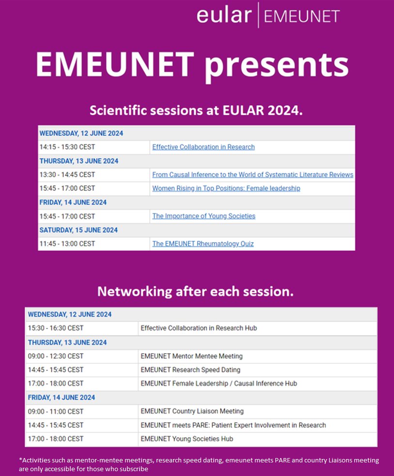 EMEUNET's tweet photo. EMEUNET wants to remind you of the ✳️SCIENTIFIC SESSIONS✳️  and ✴️EMEUNET activities✴️ to be carried out at the EULAR2024.
Do not miss these opportunities to learn, connect and share experiences.
💥 Find out more at https://t.co/HeFZM4rHOB
We hope to see you there‼�� https://t.co/1uf4id77GD