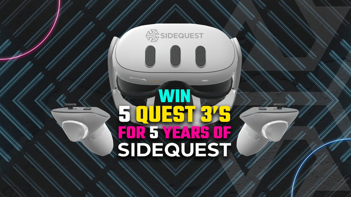 SideQuestVR's tweet photo. SideQuest is OFFICIALLY 5 years old 🎉 and to celebrate, we're feeling generous... 

We've already given away 2/5 Quest 3s—meaning we have 3 left to find a home before June 26! Head to our Giveaways page to be in with your shot: https://t.co/pKl45CetBI https://t.co/ASOu0JnkWW
