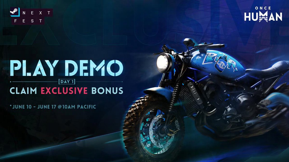 Steam Next Fest is Live! 

Dive into the Once Human demo and experience the post-apocalyptic world for yourself!

• Demo Period: June 10th (10:00 AM PT) - June 17th (10:00 AM PT)

• Bonus Reward: Play for 3 hours on launch day (June 10th 10:00 AM to June 11th 10:00 AM PT) and