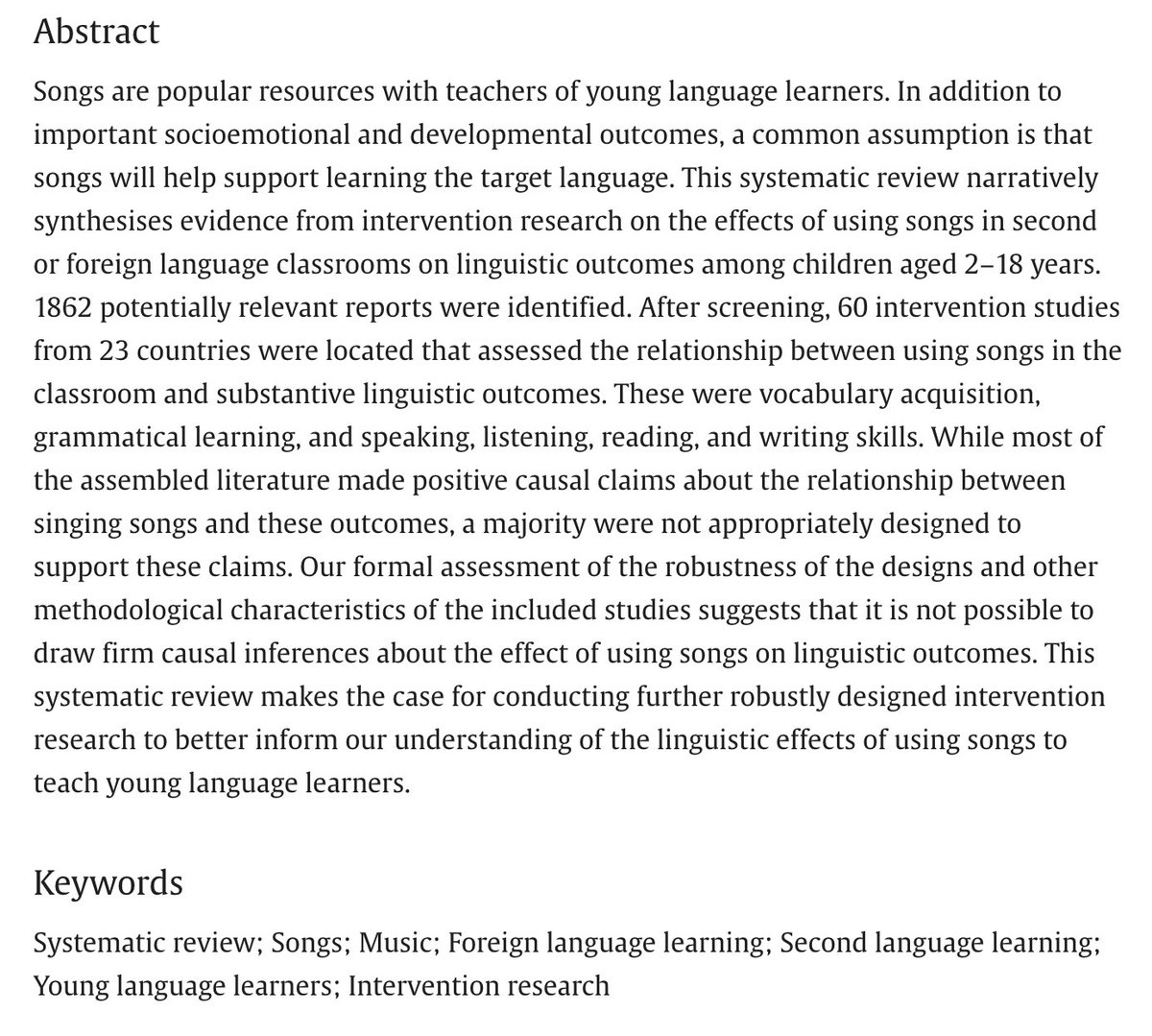 📣New #Researchpaper published today: Investigating the substantive linguistic effects of using songs for teaching second or foreign languages to preschool, primary and secondary school learners: a #systematicreview review of intervention research.
➡️ doi.org/10.1016/j.syst…