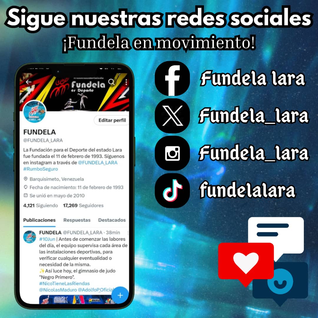🇻🇪 ¡Sígueme y te sigo!📱🤳

Los invitamos a seguir nuestras diferentes redes sociales y conocer los diferentes avances en las instalaciones deportivas de alto rendimiento y centros de Iniciación Deportivo.

#NicoTieneLasRiendas
<a href="/NicolasMaduro/">Nicolás Maduro</a> <a href="/AdolfoP_Oficial/">Adolfo Pereira Gobernador</a> 
<a href="/MervinMaldonad0/">Mervin Maldonado</a>