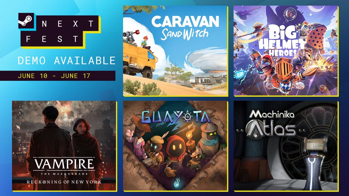It's DEMO TIME! 
Play our games during #SteamNextFest and tell us who's your favorite! 🥰
🛺 CaravanSandWitch
⚔️ Big Helmet Heroes
🧛 Vampire: The Masquerade 3
🌞 Guayota
🧩 Machinika Atlas