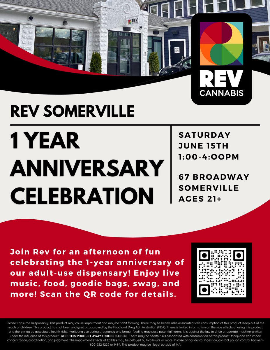 Save the date📷 Rev will be celebrating the 1 year grand opening anniversary of our first recreational location in Somerville 📷 Come celebrate with us 📷 Must be 21+
