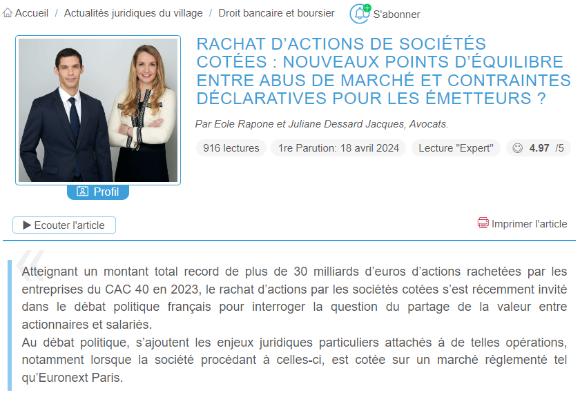 Emeriane_Law's tweet photo. [RACHAT D’ACTIONS] 🟡 Nouveaux points d’équilibre entre abus de marché et contraintes déclaratives pour les sociétés #cotées ?

🔗 Retrouvez notre article sur Village de la Justice : https://t.co/OqsIS9k034

#sharebuyback #listedcompanies #disclosure https://t.co/ePieoLwQJY