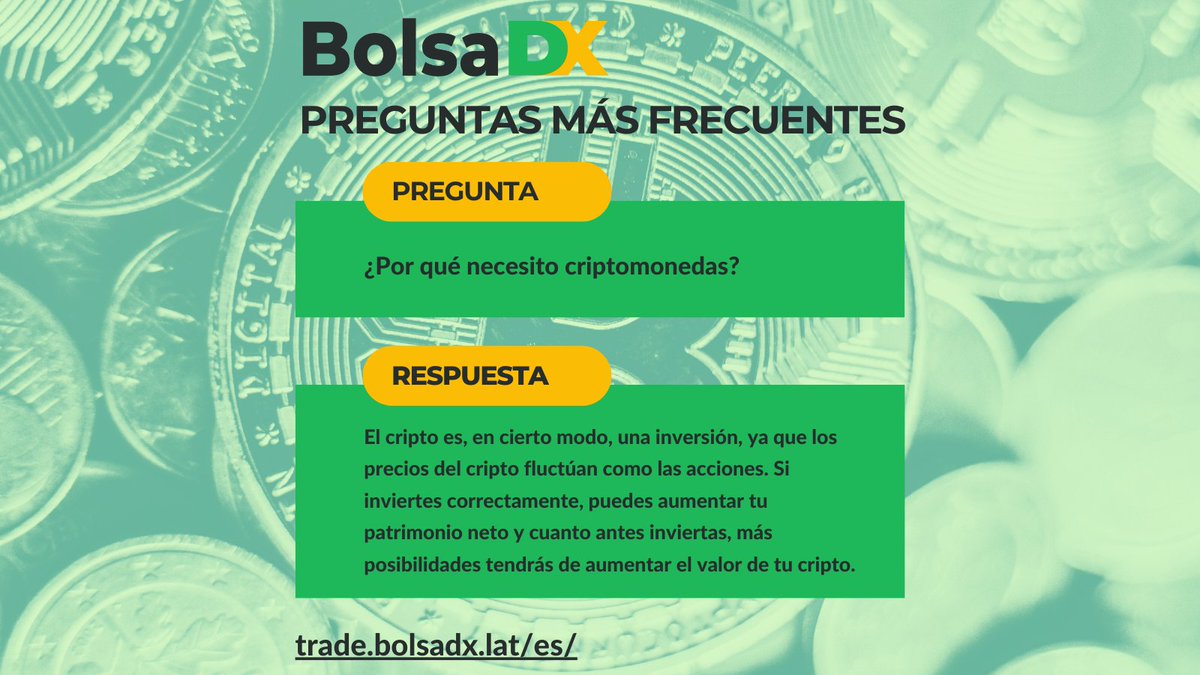 Preguntas Más Frecuentes

¿Por qué necesito criptomonedas?

El cripto es, en cierto modo, una inversión, ya que los precios del cripto fluctúan como las acciones.

Más información en trade.bolsadx.lat/es/

#BolsaDX #BDX #Preguntas #Respuestas #Cripto #BTC #AmericaLatin