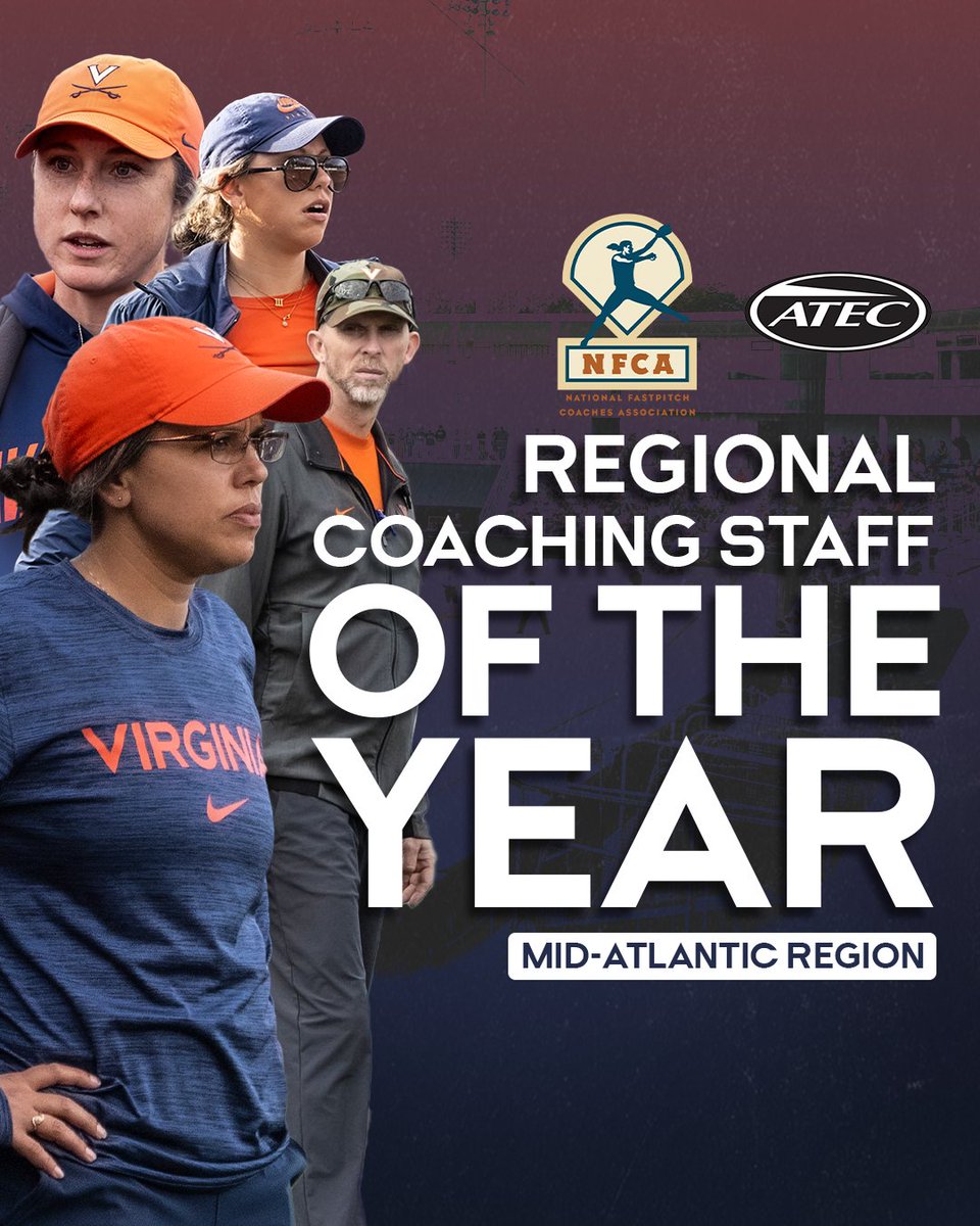 UVASoftball's tweet photo. Congrats to our coaches on a historic season and being named ATEC/NFCA Regional Coaching Staff of the Year for the Mid-Atlantic Region!

#GoHoos | #OnTheRise | #HoosNext https://t.co/34rb04wE5G