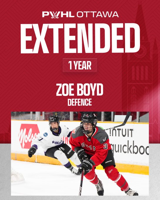 Graphic announcing the extension of defender Zoe Boyd. White text on a red background reads: “EXTENDED 1 year; Zoe Boyd; Defence” Below the text is a photo of Boyd in her red PWHL Ottawa uniform. 