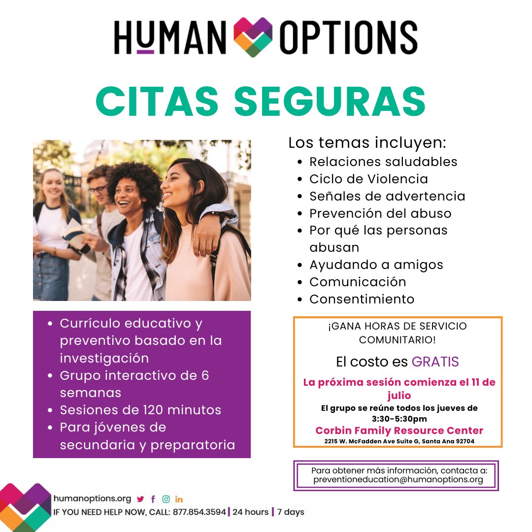 If you are in middle or high school, or know someone who can benefit from this, please share this with them and email us at preventioneducation@humanoptions.org to register and join our summer sessions. Change starts with you! 

#humanoptions #orangecounty #summerprogram