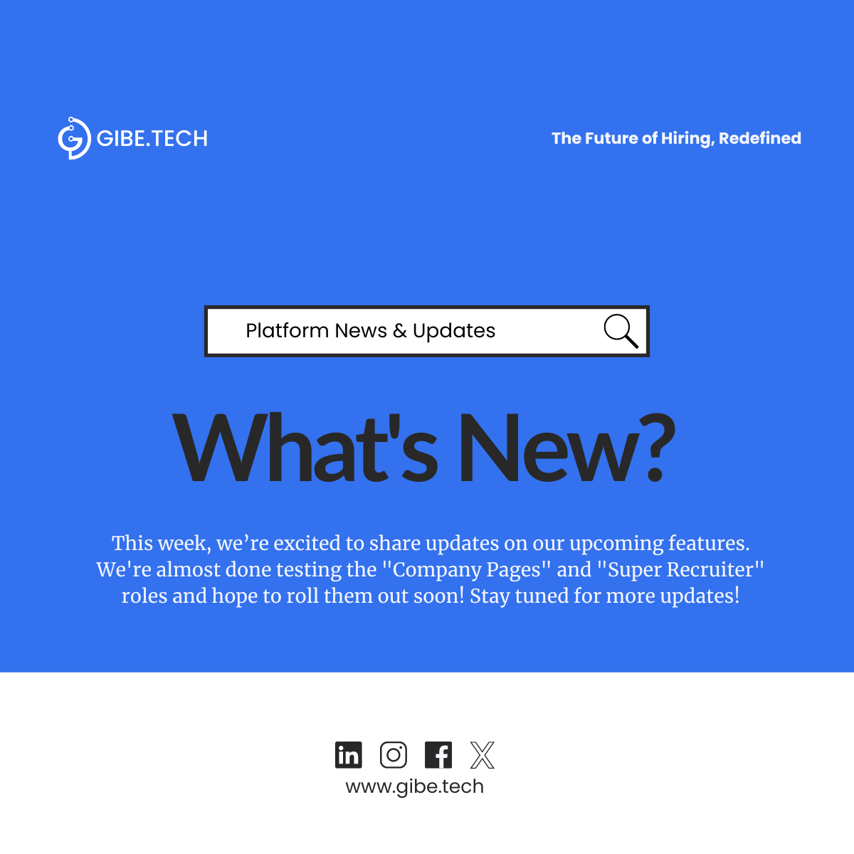 GIBE_TECH's tweet photo. Platform News &amp; Updates 🚀
Exciting news! Testing for "Company Pages" and "Super Recruiter" roles is almost complete. Soon, companies can manage their pages and recruiters can streamline their efforts. Stay tuned for more updates!
#PlatformUpdates #GibeTech #TechNews #Innovation https://t.co/qMWQaNgjf2