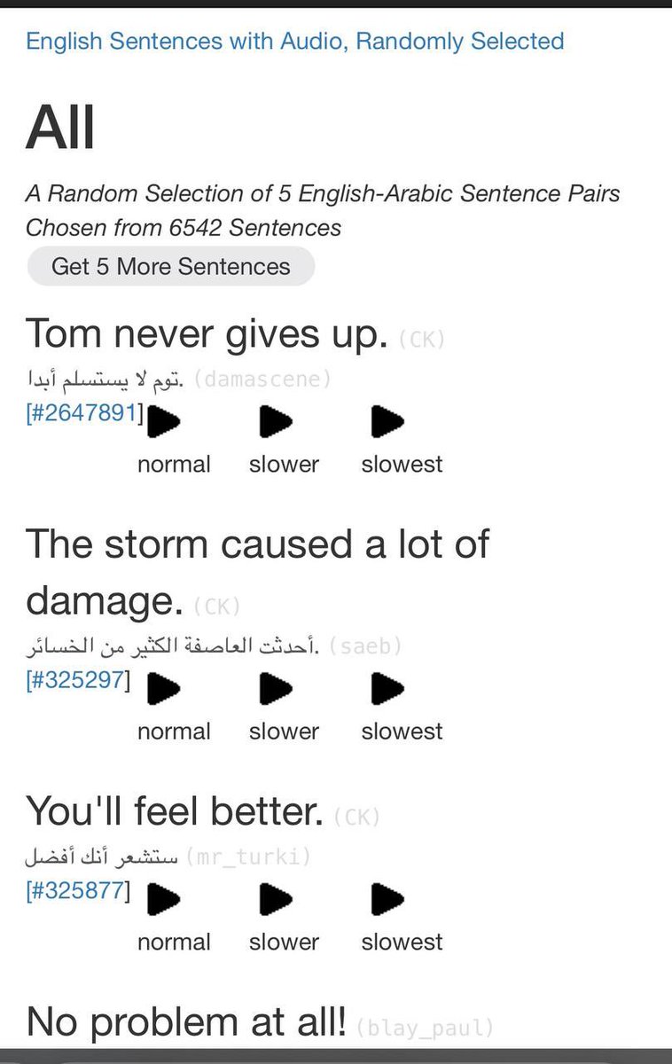 KAlotibei's tweet photo. اكثر من ٦ الاف عبارة متنوعة #باللغة_الانجليزية مع ترجمتها بالعربي وامكانية الاستماع لها بسرعات مختلفة.
موقع Many Things بكل مرة يوفر لك ٥ جمل عشوائية وتقدر تسمعها اكثر من مرة.
- اذا اخترت خيار ( Get 5 more sentences ) يوفر لك ٥ جمل جديدة.

https://t.co/BiVugB0HaP https://t.co/u7MFhhhFrr