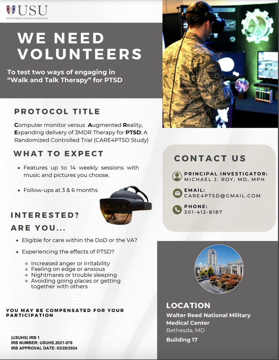 MTBI2_Studies's tweet image. Attention Service Members and Veterans in the DMV!  

The CARE4PTSD study at @WRNMMC_DHA aims to reduce PTS symptom severity using cutting-edge virtual and augmented reality
technologies. 

Volunteers are needed!

Call or text 301-461-1067 to speak with a member of the study team