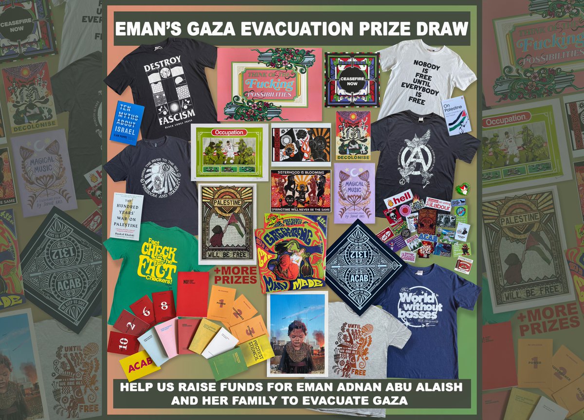 RiotFrank's tweet photo. Our friend Eman &amp; her family are desperate to evacuate Gaza, so we've put together this prize draw to help them.  

There's some amazing prizes, including stuff from @dogsectionpress @darren_cullen Greentea Peng &amp; me!

 https://t.co/MOrZZBBLr2 https://t.co/ral1luaeYP