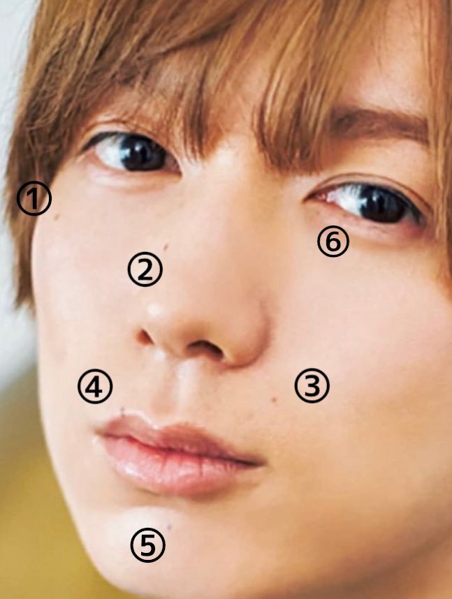しめちゃんの顔のほくろマップ ①右頬 ②鼻の右側 ③鼻の左下 ④唇の