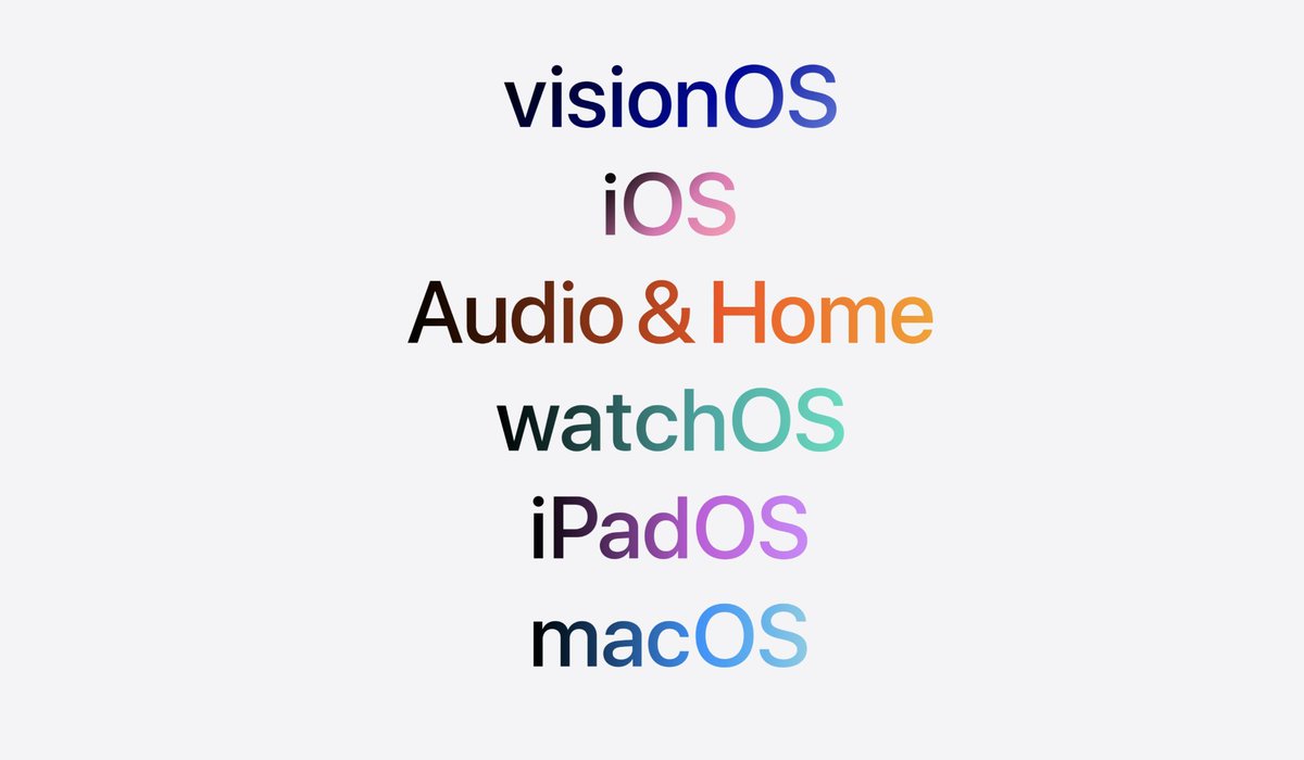 BenzingaTech's tweet photo. Here's everything you need to know about @Apple #WWDC24

visionOS 
iOS 
Audio &amp; Home 
watchOS 
iPadOS 
macOS https://t.co/RjGOhAGzO1