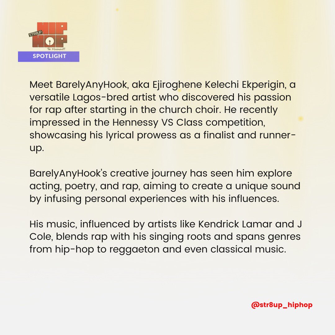 Str8_uphiphop's tweet photo. His rap name grabs attention, and his bars do too That Guy Barelyanyhook is our spotlight rapper of the week. What's your best freestyle clip by him? #BarelyAnyHook #Str8upHipHop #NaijaBars #234Drill #NigerianHipHop https://t.co/1Hfv2ywGAG