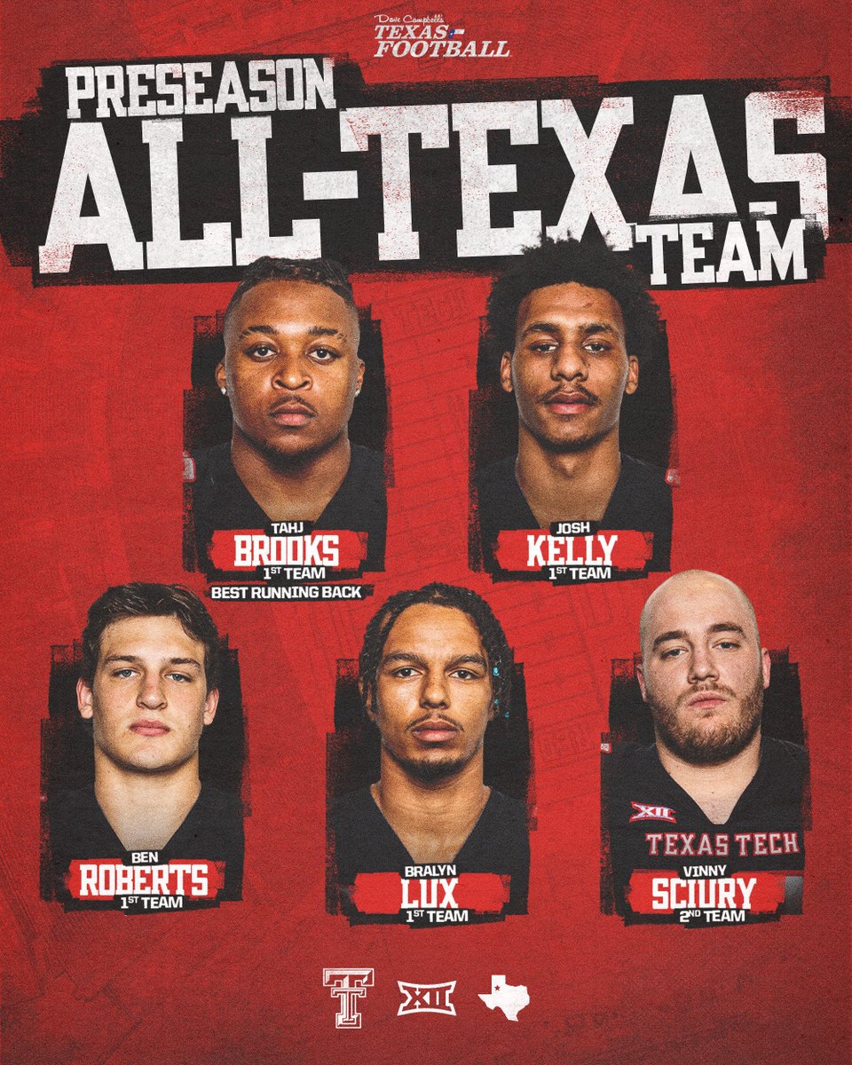TexasTechFB's tweet photo. Stars of the Lone Star 

⭐️ @just_tahj 
⭐️ @kellz_0404 
⭐️ @Ben_Roberts2022 
⭐️ @IamBlux12 
⭐️ #VinnySciury 

#WreckEm https://t.co/cbxG7iXv2V