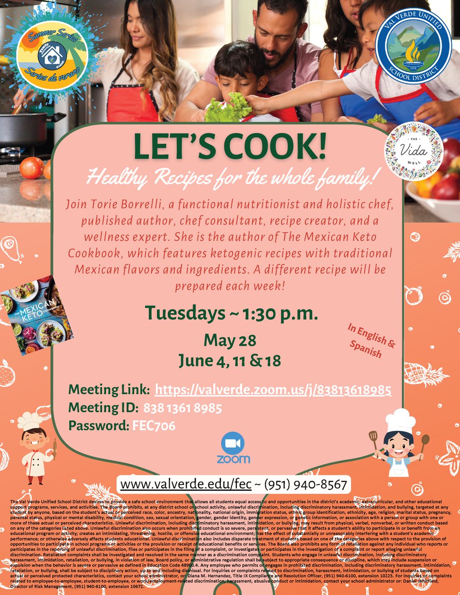 😀 Please join us for some fun and healthy cooking lessons from Chef Tori Borrelli this Tuesday June 11, 2024 at 1:30 p.m. via zoom - recipe for this week will be Lasagna

Meeting Link: valverde.zoom.us/j/83813618985
Meeting ID: 838 1361 8985
Passcode: FEC706