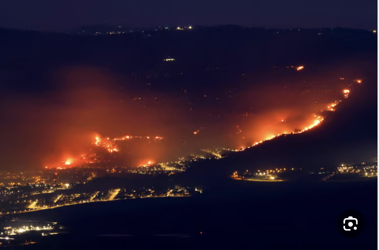 talschneider's tweet photo. Data:
Since Oct 7th, Hezbollah shot at Israel 19,000 (!) rockets and 150 UAVs. Israeli northern region is under heavy bombardment, something you probably did not hear or see in news coverage around the world. 
Photo: wide fires in Kiryat Shmona area cpl of days ago. https://t.co/P9cOpN2VoX