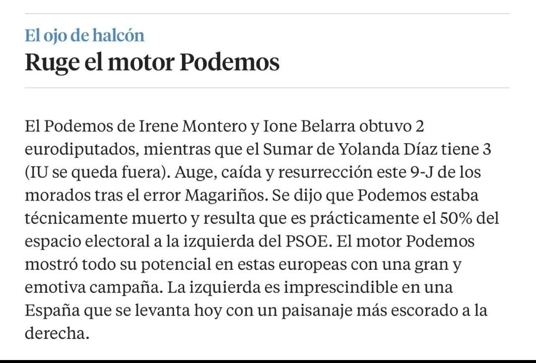 A veces, los spin doctors analizan con tino. Hago mías las palabras de <a href="/thewarroomblog/">Iván Redondo</a>.

Cuál león despeinado q sale de su guardia, ruge el motor de <a href="/PODEMOS/">Podemos</a>.
Todo ello pese a las muchas balas q intentaron matarlos.
Entre ellas, alguna que hoy pagó su indecencia, <a href="/Yolanda_Diaz_/">Yolanda Díaz</a>