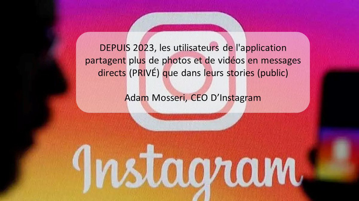 #SIGNAUX24 

Adam Mosseri, CEO d’<a href="/instagram/">Instagram</a> disait en 2023 : « les utilisateurs de l’application partagent plus de photos et de vidéos en messages directs que dans leurs stories. »

#instagram