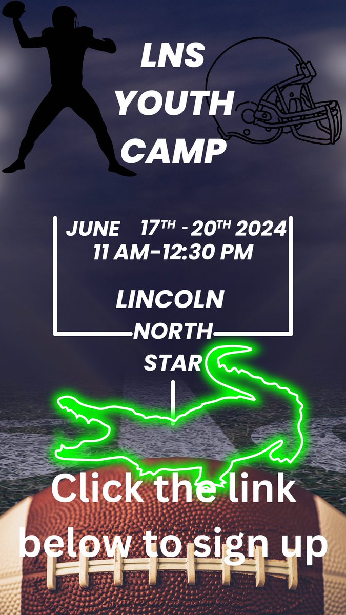 LNSFootball's tweet photo. We are looking forward to welcoming 5th-8th student-athletes to the Swamp next week.  

Below is how to sign up. 
https://t.co/r6eCq38vEs

Contact Coach Thompson jthomps5@lps.org with any questions. https://t.co/ezPWvBS2PD