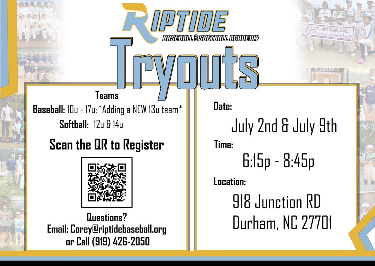 Riptide Baseball and Softball Academy will be having organization wide tryouts July 2nd and July 9th. The easiest way to sign up is by following the QR code.