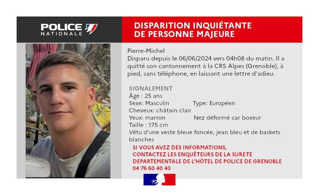 Disparition d'un policier de 25 ans, Pierre-Michel, à Grenoble : la police lance un appel à témoins

🗞 l.actu17.fr/uODf