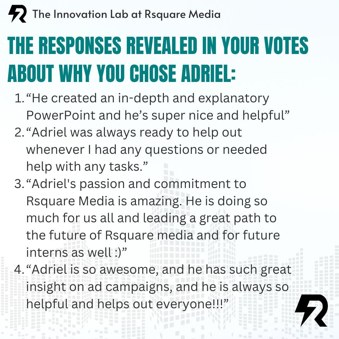 rsquaremediany's tweet image. 🎉 Shoutout to Adriel Solorzano, our MVP of the Week! As one of Rsquare Media’s top SEO and Ad Campaign specialists, Adriel’s expertise and hard work drive incredible results. Thank you for everything you do! 💪 #employeeoftheweek #employeeswhoshine #MVPoftheweek