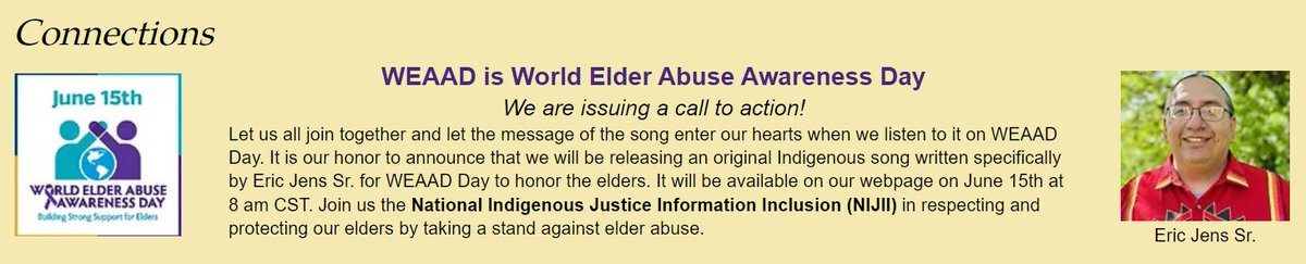 UpEAC_Lifespan's tweet photo. On June 15th, National Indigenous Justice Information Inclusion (NIJII) will release an original Indigenous song written for #WEAAD. Learn more and don't miss the release of the song by visiting https://t.co/jRrF5WX7sK. https://t.co/CPVvWutwpB