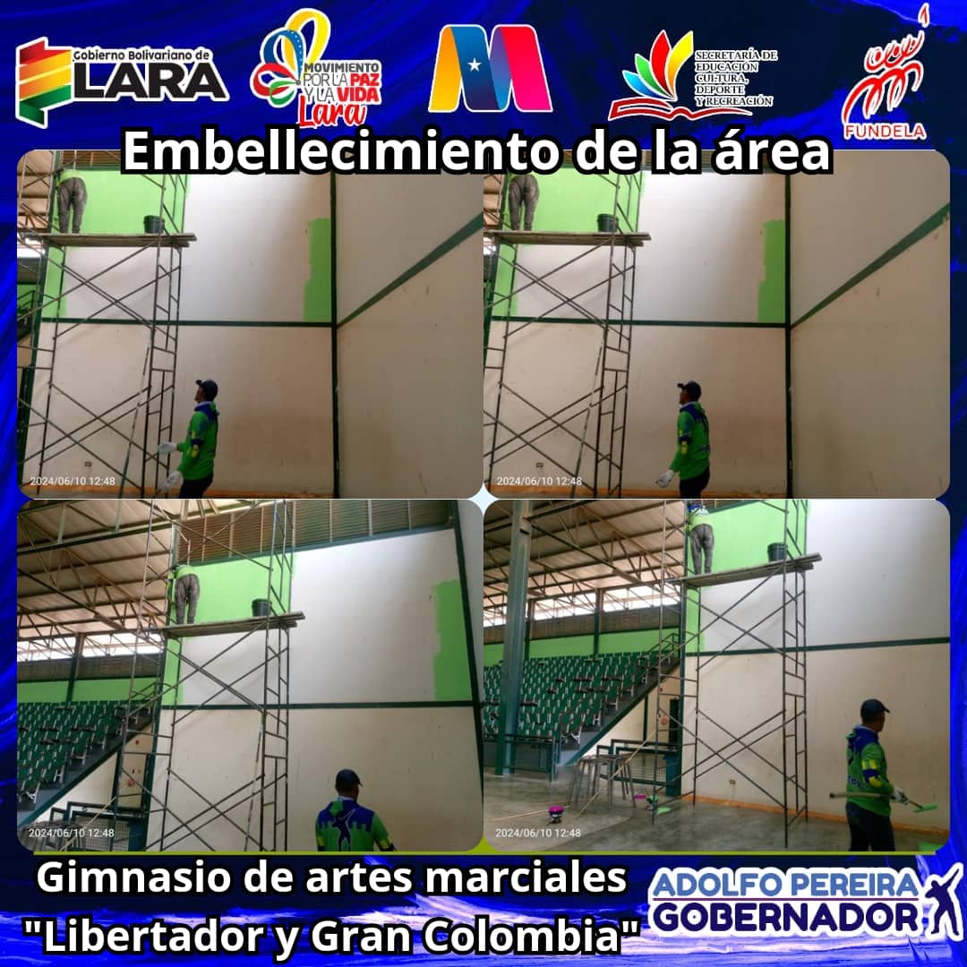 #10Jun La orientación del gobernador Adolfo Pereira es trabajar en equipo con gran sentido de pertenencia para garantizar espacios deportivos confortables y seguros.
📌 Gimnasio de artes marciales Libertador y Gran Colombia.
#NicoTieneLasRiendas
<a href="/NicolasMaduro/">Nicolás Maduro</a> <a href="/AdolfoP_Oficial/">Adolfo Pereira Gobernador</a>