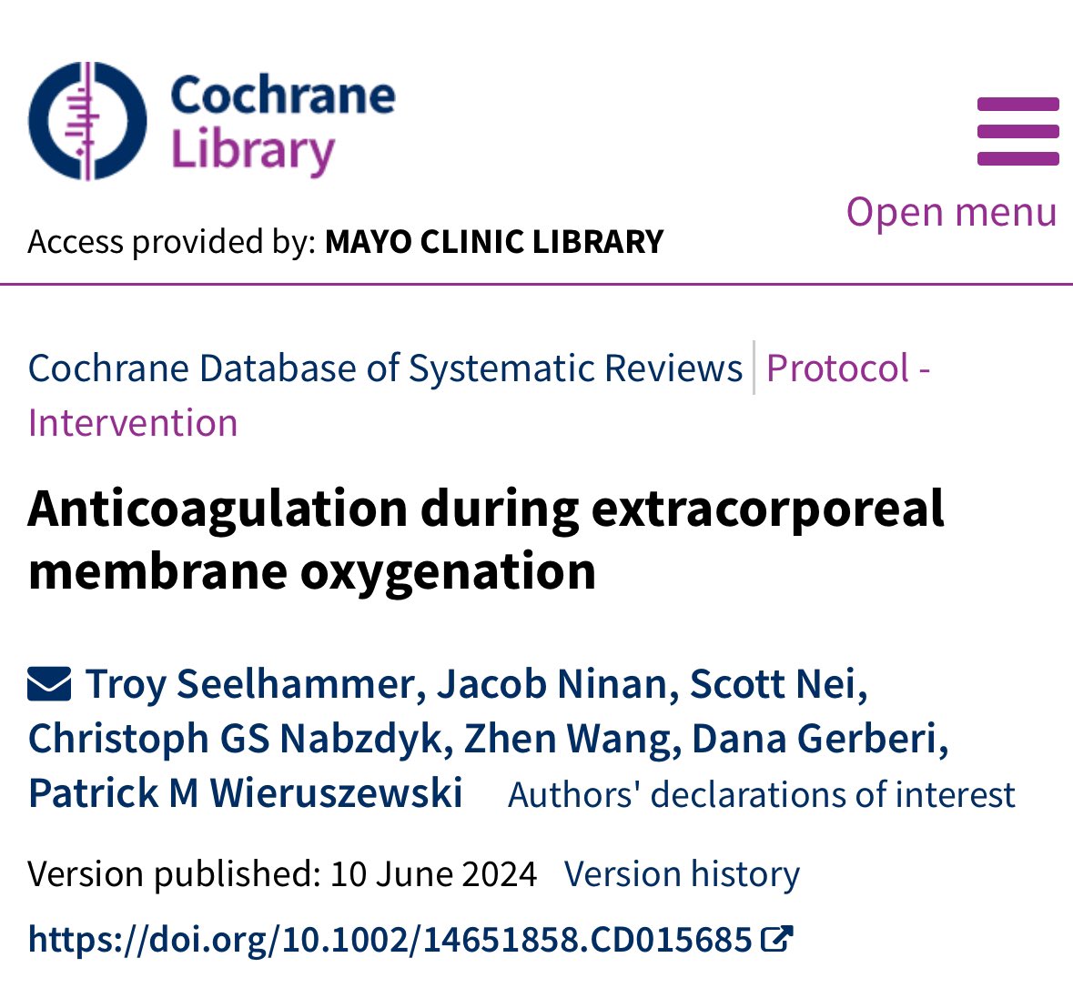 Patrick Wieruszewski (@pwierusz) on Twitter photo Happy to have our protocol for <a href="/cochranecollab/">Cochrane</a> systematic review on ECMO anticoagulation published -really looking forward to this important study! Stay tuned for results!
cochranelibrary.com/cdsr/doi/10.10ā¦
<a href="/MayoAnesthesia/">Mayo Clinic Department of Anesthesiology</a> <a href="/MGHanesthesia/">Mass General Anesthesia</a> <a href="/CGSNabzdykMD/">Christoph G. S. Nabzdyk</a> <a href="/nei_scott/">Scott Nei</a> <a href="/MayoPCCM/">MayoPCCM</a> <a href="/MayoKernScholar/">Mayo Clinic Kern Scholars Program</a> Happy to have our protocol for <a href="/cochranecollab/">Cochrane</a> systematic review on ECMO anticoagulation published -really looking forward to this important study! Stay tuned for results!
cochranelibrary.com/cdsr/doi/10.10ā¦
<a href="/MayoAnesthesia/">Mayo Clinic Department of Anesthesiology</a> <a href="/MGHanesthesia/">Mass General Anesthesia</a> <a href="/CGSNabzdykMD/">Christoph G. S. Nabzdyk</a> <a href="/nei_scott/">Scott Nei</a> <a href="/MayoPCCM/">MayoPCCM</a> <a href="/MayoKernScholar/">Mayo Clinic Kern Scholars Program</a>