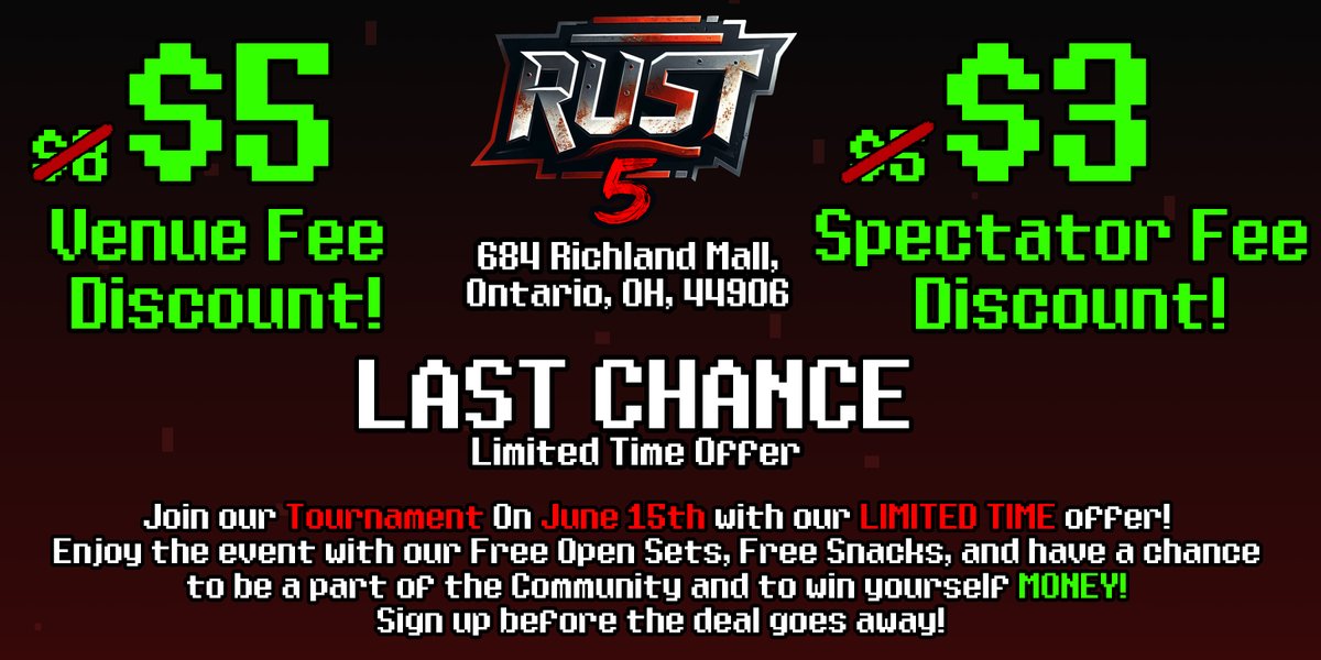 ReadyUpGL's tweet photo. Today is your last chance to register for RUST 5 with our limited-time offer! Hurry in before the prices go back up tomorrow!
- Venue Fee: $8 📷 $5
- Spectator’s Pass: $5 📷 $3 https://t.co/8cB3TRzQ3e