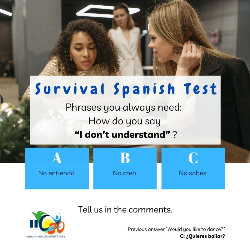IICCasaGoethe's tweet photo. "¡Prueba tu español!" Spanish for Beginners 
Phrases you always need: How do you say "I don't understand" ?
Tell us your answer in the comments below.

#bestwaytolearnspanish #learningspanish #spanishforbeginners #spanishtest #iicspanishschool #dominicanrepublic #spanishcourse https://t.co/r9t4eT34FN