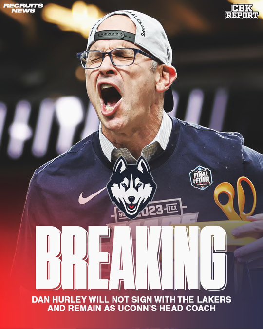 CBKReport's tweet photo. DAN HURLEY IS STAYING IN STORRS 🐺

Hurley TURNS DOWN A 6/yr $70M offer from the Lakers ❌ https://t.co/rsBL3u51C8