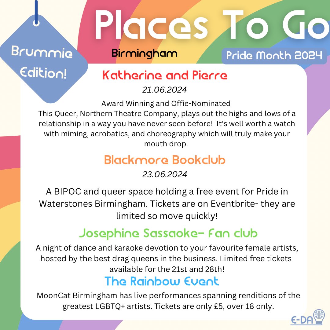 One of our lovely psw has shared some ‘ Places to Go’ Brummie Edition for Pride 2024 🏳️‍🌈🤩
*Just to note we are not associated with the any of these places nor have we vetted any of the events- so make sure you do your research and look into any event you are attending thoroughly