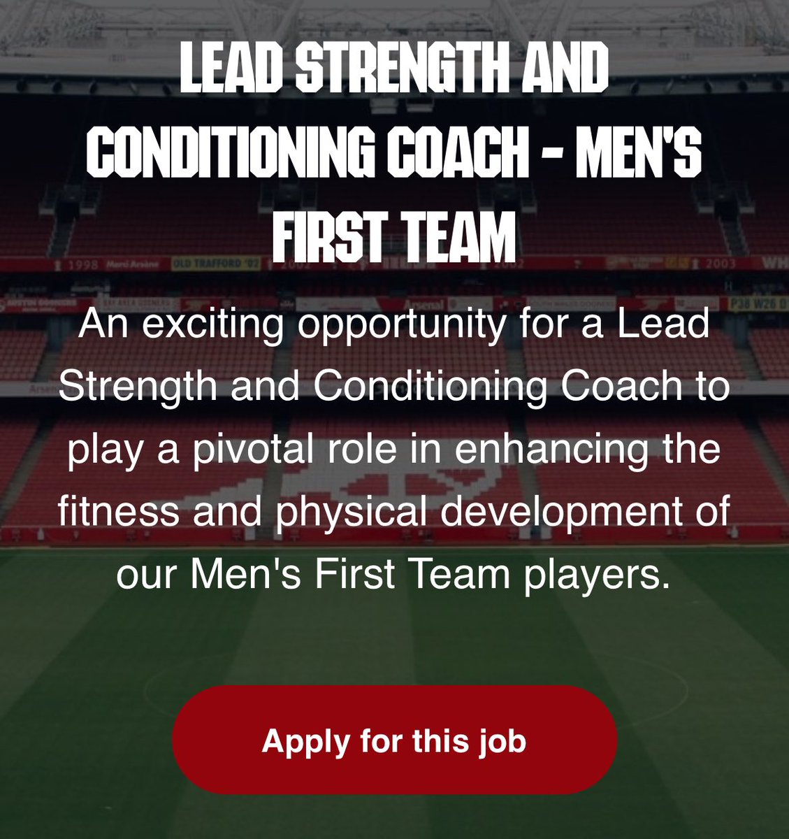 🚨 New Role 🚨
1st Team Lead S&amp;C Coach 🏋️‍♀️🏋️‍♀️
🎓 BSc/MSc S&amp;C / Sports Science (Equiv.)
📄<a href="/UKSCA/">UKSCA</a> <a href="/NSCA/">NSCA</a> or equiv.

Come join our team and apply here:

careers.arsenal.com/jobs/4590892-l…

Closing Date: Tuesday 18th June

Help us evolve and progress our team