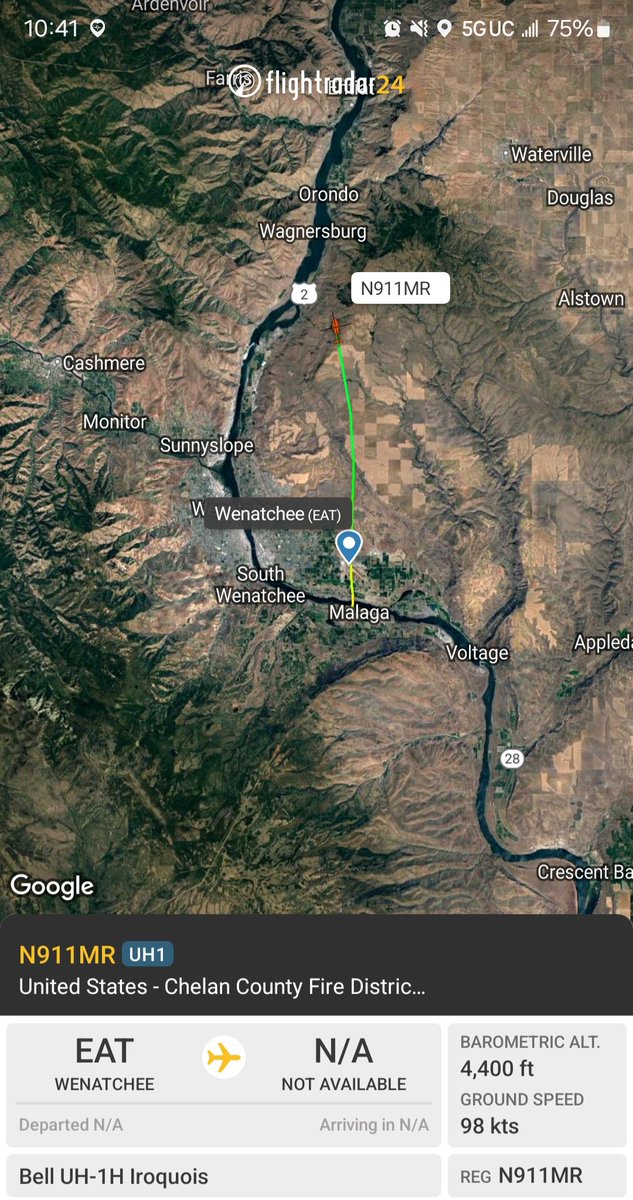 Borrowed7Time's tweet photo. Chelan Co. Fire District UH-1H N911MR #AC9B85 out of Wenatchee, en route to the #PioneerFire. https://t.co/2HOQO0gc29