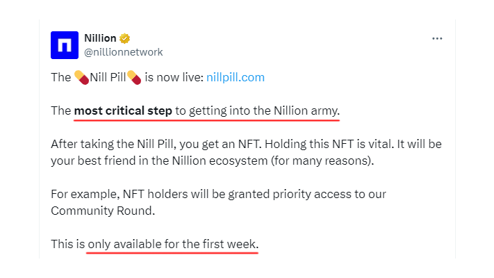 Crypto_Pranjal's tweet photo. Don't Miss This Important NFT by Nillion (FREE) 🪂✅

The 💊Nill Pill NFT

To earn this NFT, you need to watch 3 non-skippable videos (about 15-20 minutes long in total) and answer the questions.

Complete and earn it here: https://t.co/Hp0Z5AJViB

The sooner you complete the Nill Pill, the better.

Holding this NFT is vital. It will be your best friend in the Nillion ecosystem for many reasons.

If you need a little help, you can find the answers here. For the open-ended questions, be sure to personalize the answers (important).

Answers: https://t.co/rOEV67VAlc

After answering all the questions, you'll receive a unique code. Save it securely, like a private key, as you may need it later.

Keep an eye on Twitter and Discord for an announcement about your NFT delivery.