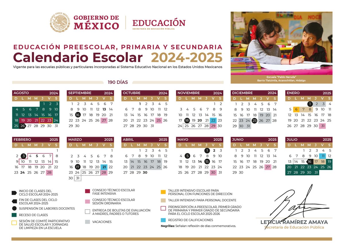 SEP_mx's tweet image. #SEPInforma🗞️

Publicamos en el @DOF_SEGOB el Calendario Escolar 2024-2025 de 190 días para #EducaciónBásica, vigente para escuelas públicas y particulares, así como el calendario de 195 días para Educación Normal y para la formación de docentes de este nivel educativo. 🗓️🏫🇲🇽…