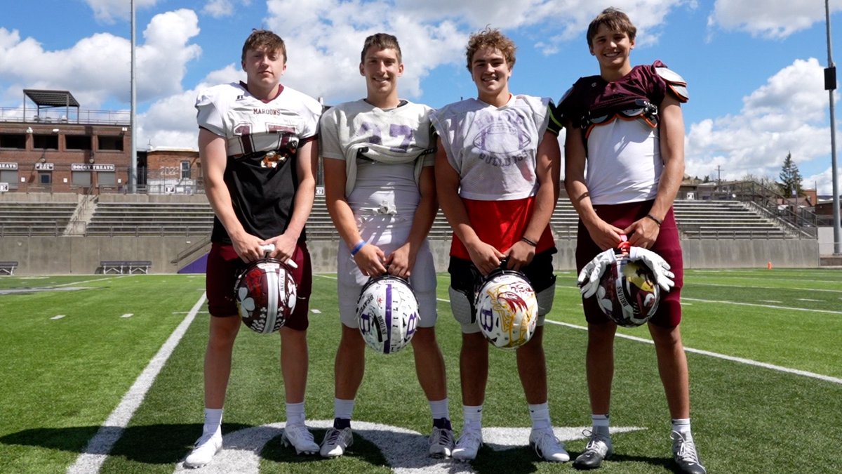 lukeshelton_mtn's tweet photo. The Mining City's representatives in this week's 77th Montana Shrine Game: Central's Jack Keeley, Butte's Kyler Stenson and Kade Schleeman, and Central's Zane Moodry. All four elected to stay home and play for Montana Tech come fall. #mtscores https://t.co/ZTaDwFuKgc