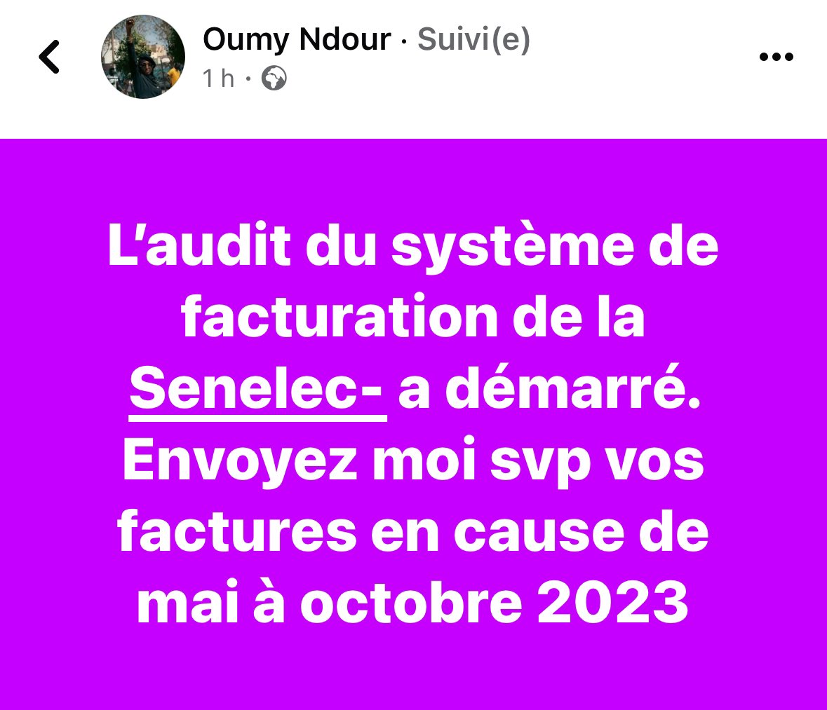ldsenegalais's tweet image. 🚨📌l&apos;audit du système de facturation de la
Senelec- a démarré.
Envoyez moi svp vos factures en cause de mai à octobre 2023.

Oumy Ndour
Vous pouvez la contacter sur Facebook.
#senelec
