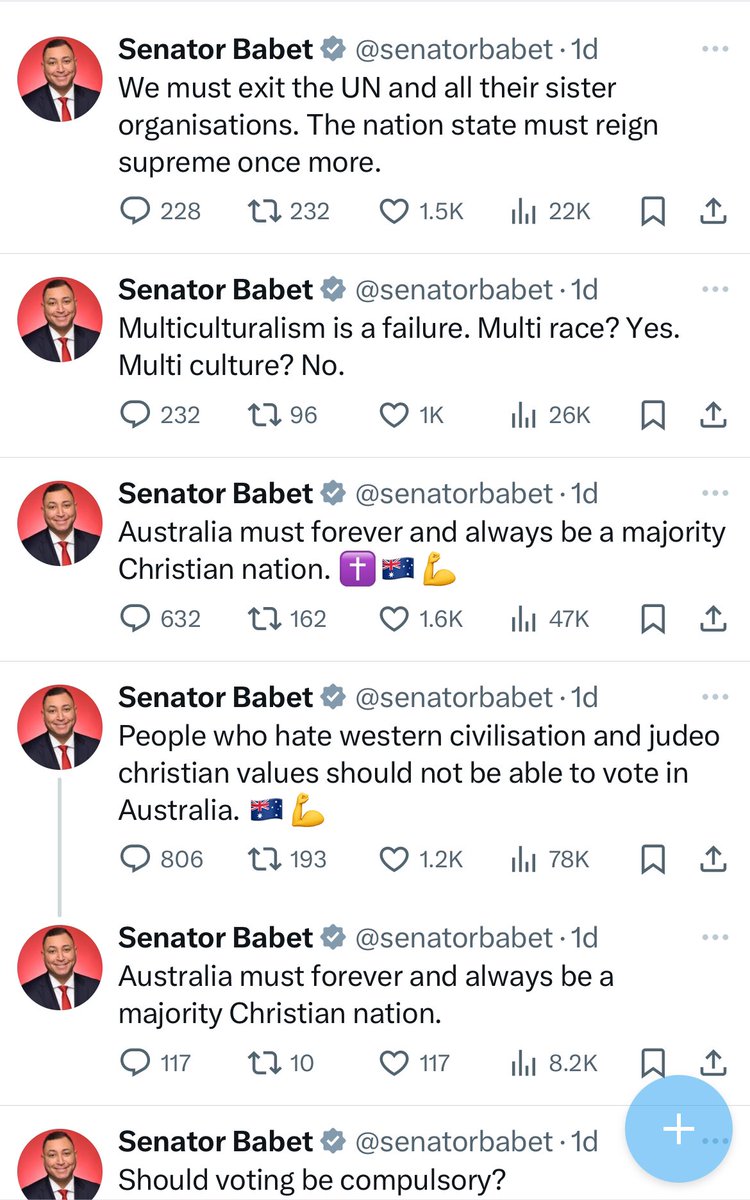 ShiannonC's tweet photo. Senator (and I use that term loosely in this instance ) Ralph Babet .. is becoming increasingly unhinged in his social media apoplectic rants.

Something must be done about this disruptive, abusive and divisive dimwit. He is a disgrace to the very institution he has been elected into. He continues to make a mockery of the processes of accountability and responsibility as a sitting senator. 

A petition, no less, or a deluge of complaints about this rampant nutjack should be considered.

There absolutely must be a reining in of misinformation, disinformation and outright lies through social media platforms through legislation.

We cannot condone this absolute farcical behaviour that continues to spread dangerous Trumpist ideology in support of a convicted felon in another country by a representative of our senate in THIS country.