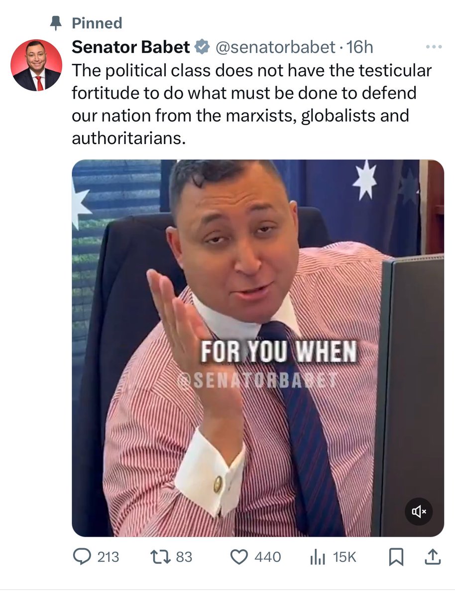 ShiannonC's tweet photo. Senator (and I use that term loosely in this instance ) Ralph Babet .. is becoming increasingly unhinged in his social media apoplectic rants.

Something must be done about this disruptive, abusive and divisive dimwit. He is a disgrace to the very institution he has been elected into. He continues to make a mockery of the processes of accountability and responsibility as a sitting senator. 

A petition, no less, or a deluge of complaints about this rampant nutjack should be considered.

There absolutely must be a reining in of misinformation, disinformation and outright lies through social media platforms through legislation.

We cannot condone this absolute farcical behaviour that continues to spread dangerous Trumpist ideology in support of a convicted felon in another country by a representative of our senate in THIS country.