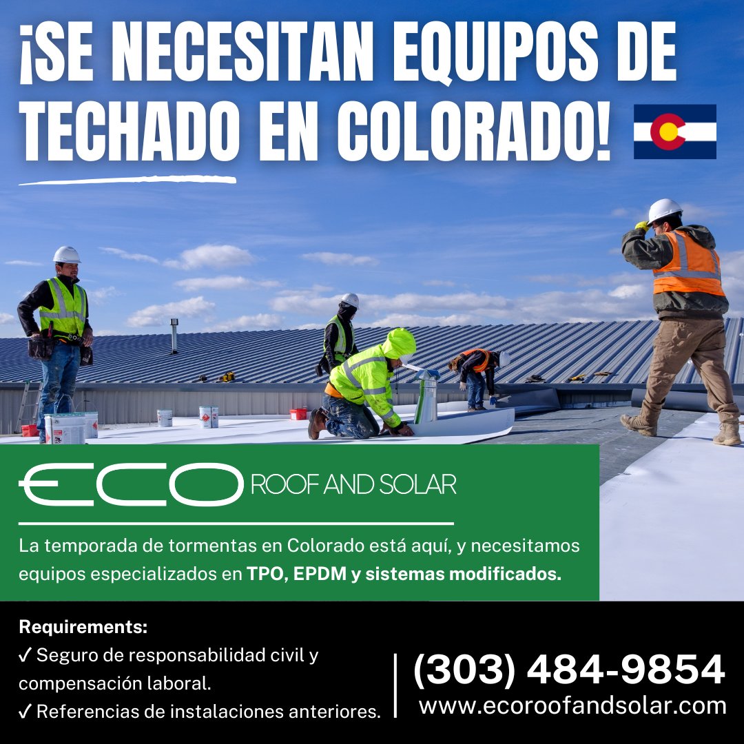 ecoroofandsolar's tweet photo. Attention Roofing Crews! 📢

We're gearing up for storm season here in Colorado and need skilled low slope roofing crews specializing in TPO, EPDM, and modified systems. If you have experience, we want to hear from you: (303) 484-9854 https://t.co/aekbXS3IIw
