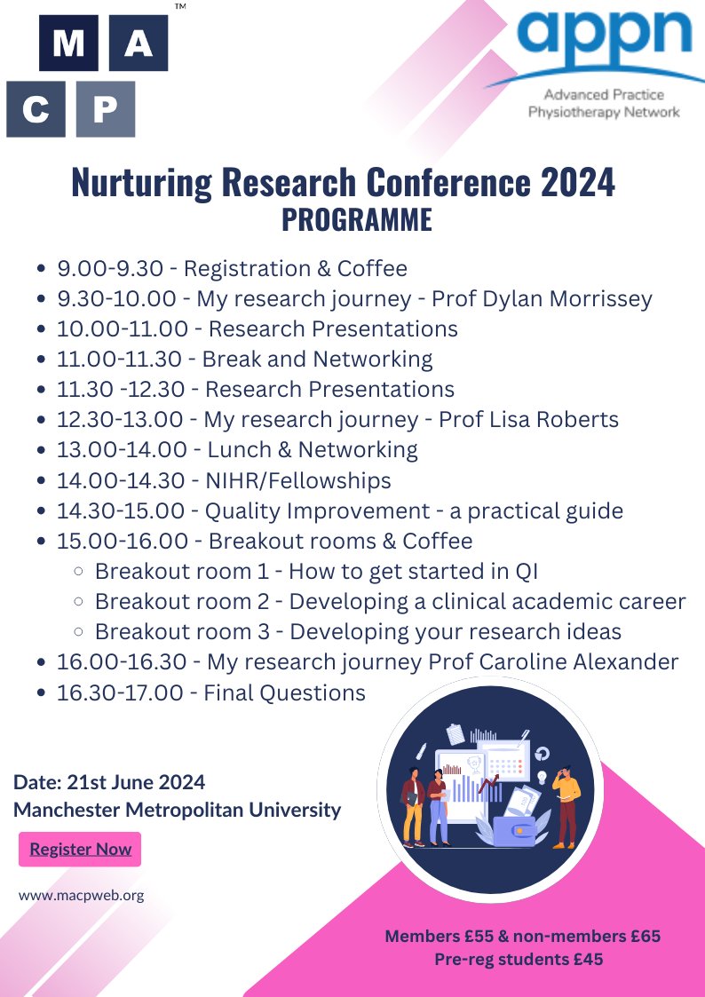 PhysioMACP's tweet image. 11 days to go until the Nurturing Research Conference! Tickets still available. If you haven’t seen the programme take a look below and grab yourself a last minute ticket here:

macpweb.org/events/410/nur…

@APPN_physio